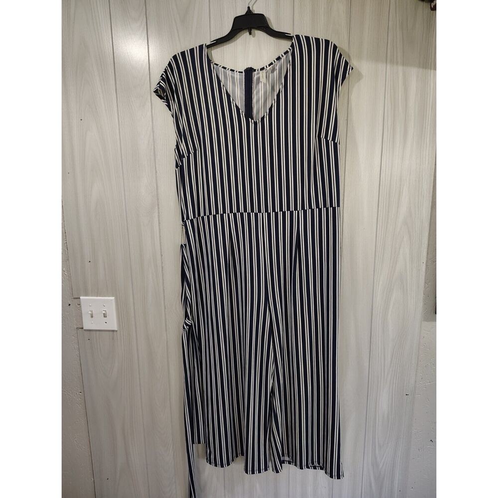 Tacera Jumpsuit Women's Blue White Striped Sleeveless One Piece Pockets XL